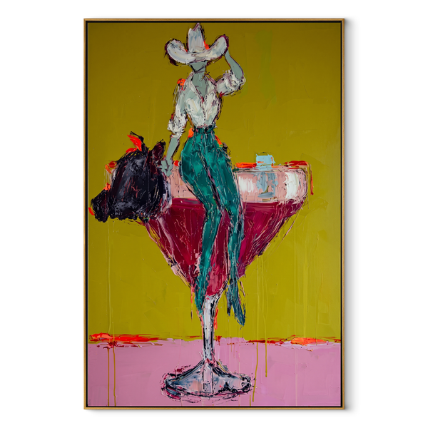 Teal Trousers Balance Gold – Cowgirl Martini Glass Painting | Contemporary Western Vertical Wall Art