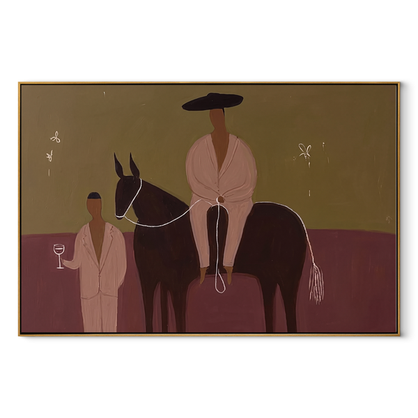 Two Figures Share Reins – Horse and Two Figures Painting | Contemporary Western Horizontal Wall Art