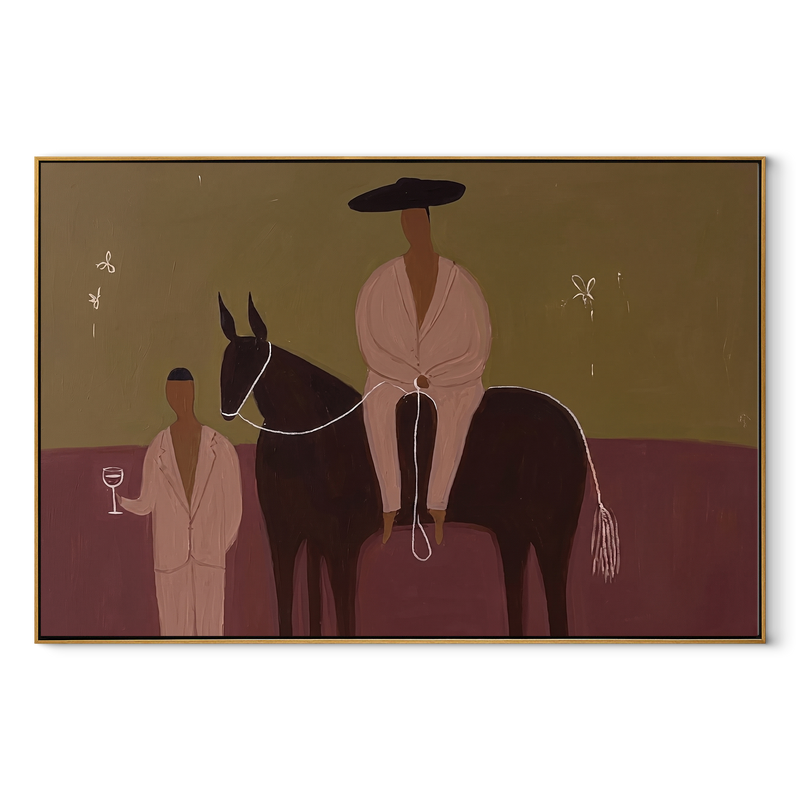 Two Figures Share Reins – Horse and Two Figures Painting | Contemporary Western Horizontal Wall Art