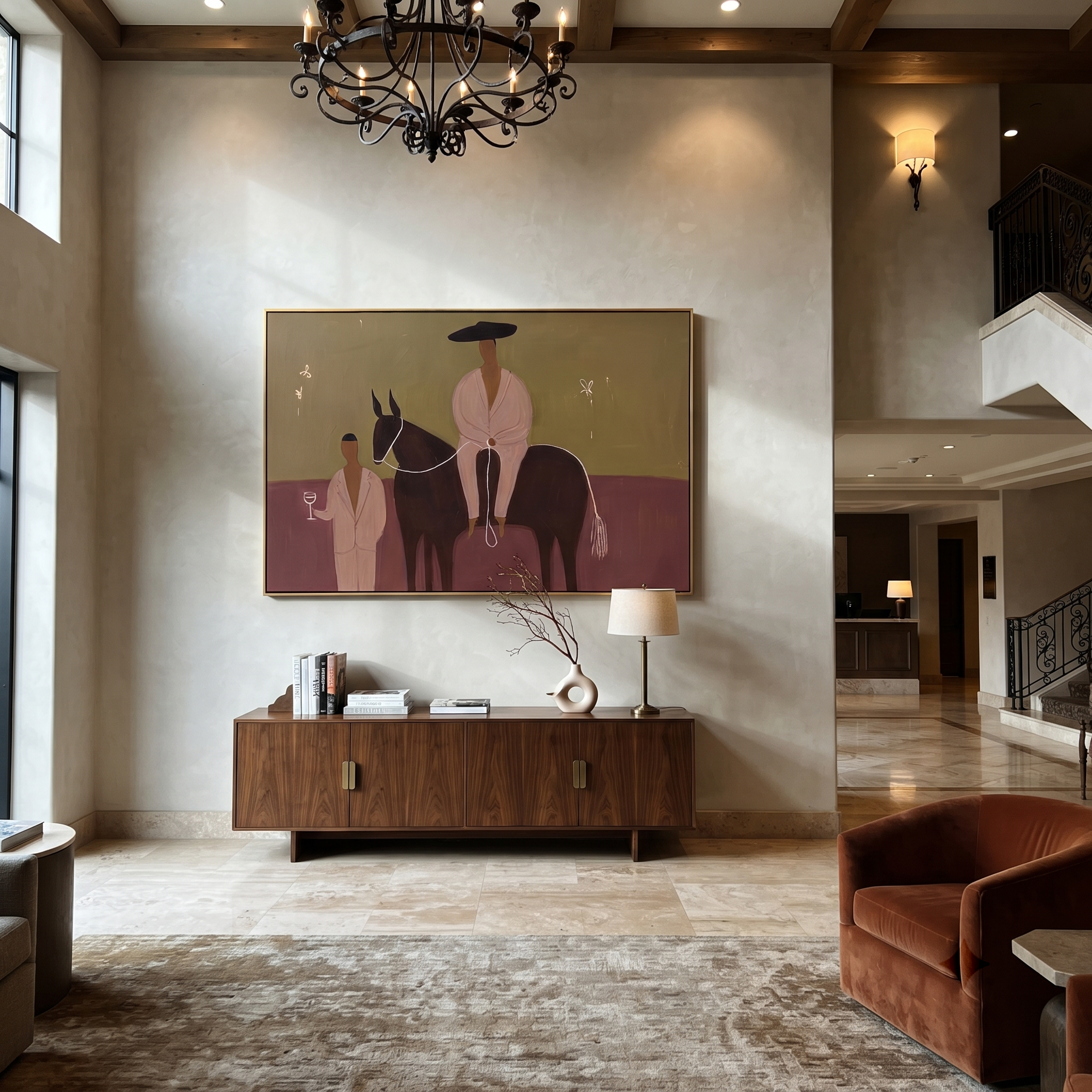 Two Figures Share Reins styled with warm modern furnishings