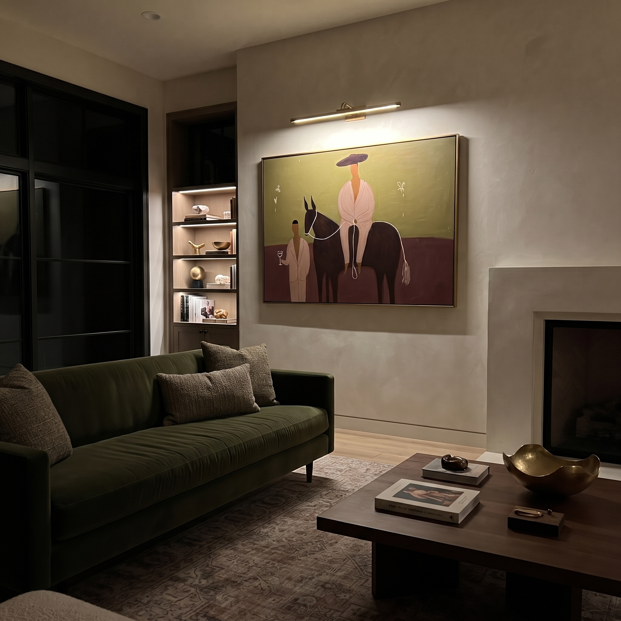Two Figures Share Reins presented as a colorful interior focal point