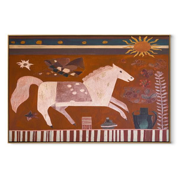 Pale Horse Runs Sunward – White Horse Folk Painting | Contemporary Western Horizontal Wall Art