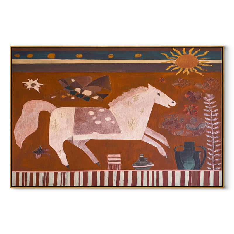 Pale Horse Runs Sunward – White Horse Folk Painting | Contemporary Western Horizontal Wall Art