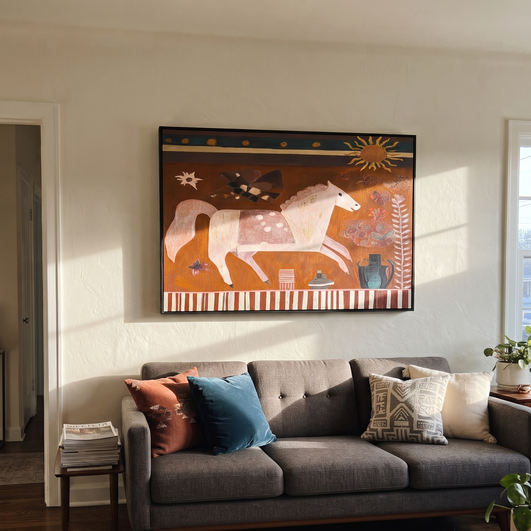 Pale Horse Runs Sunward displayed in a layered residential setting