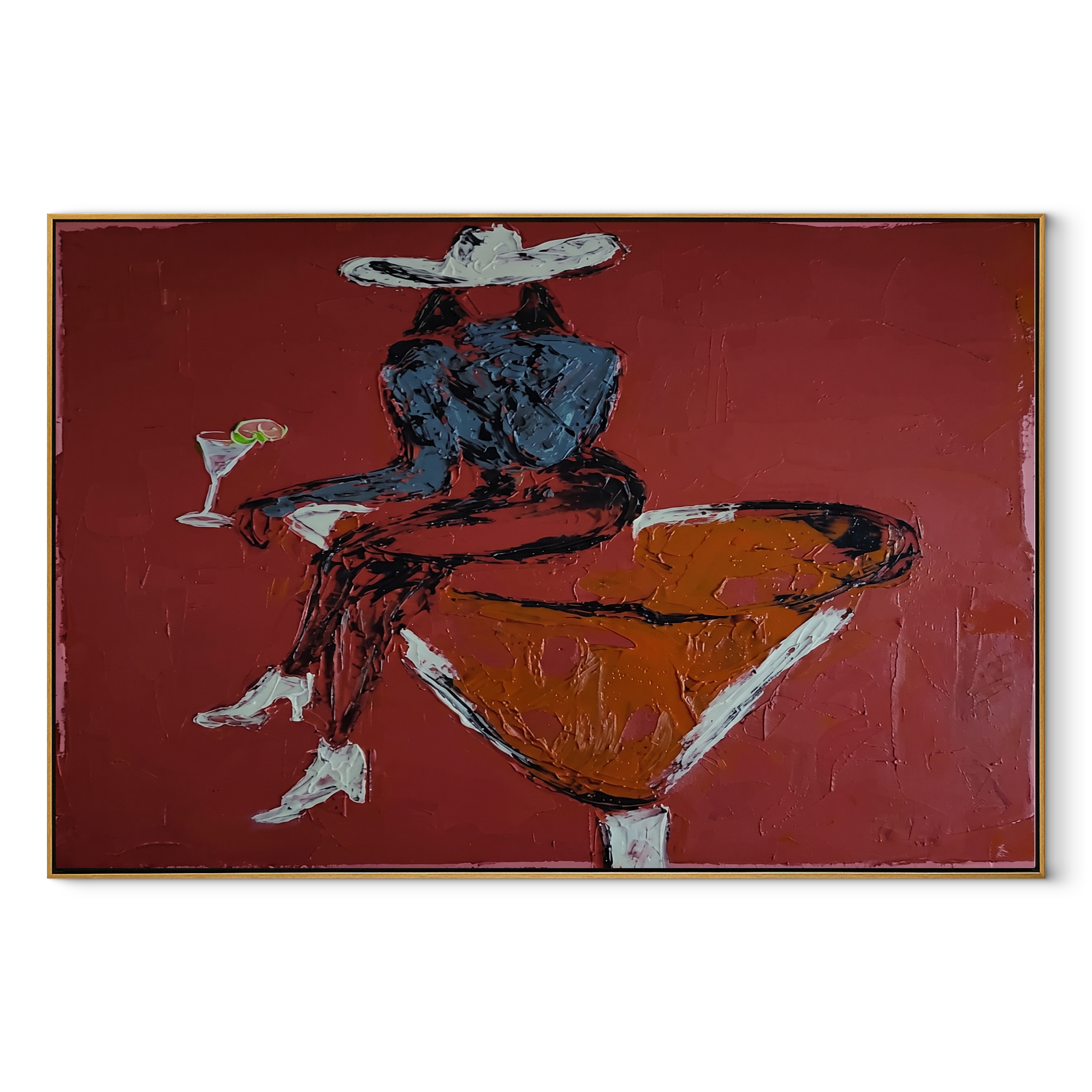 Burgundy Glass Holds Midnight Western figurative painting, horizontal canvas artwork