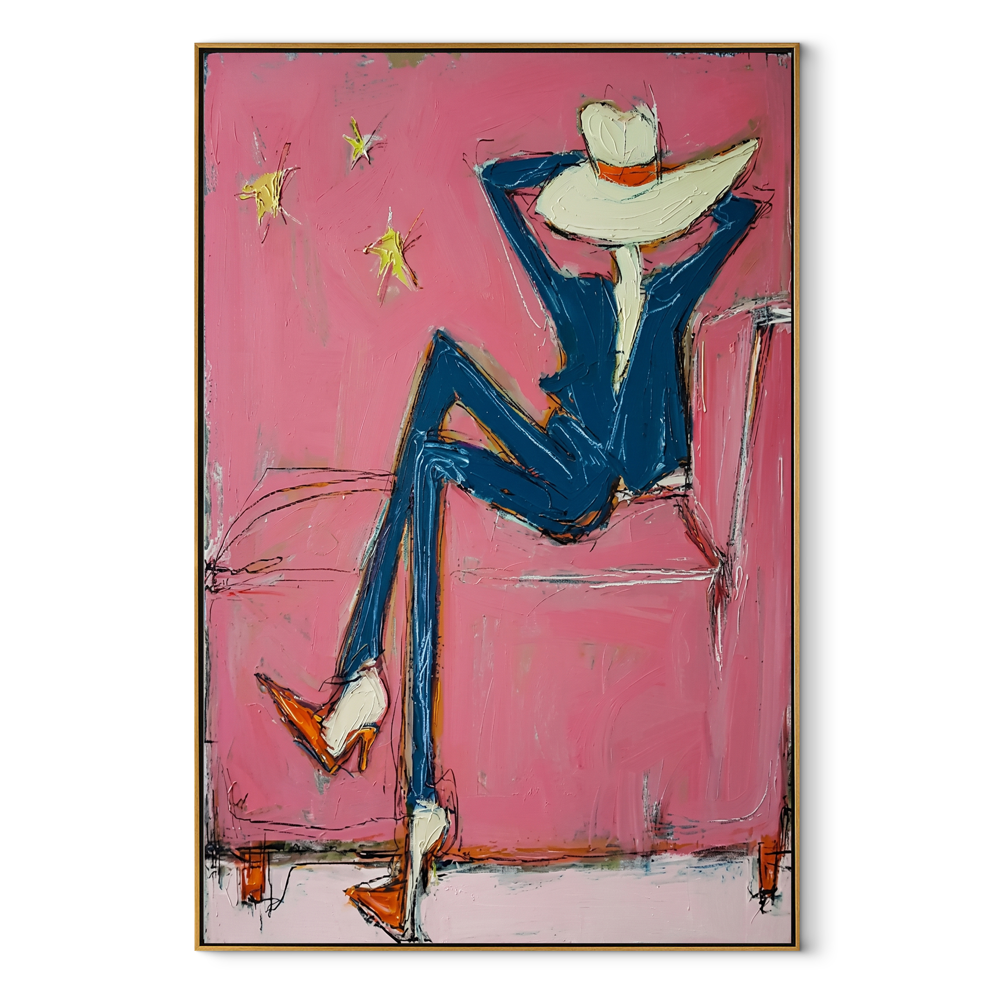 Blue Boots Face Starlight Western figurative painting, vertical canvas artwork
