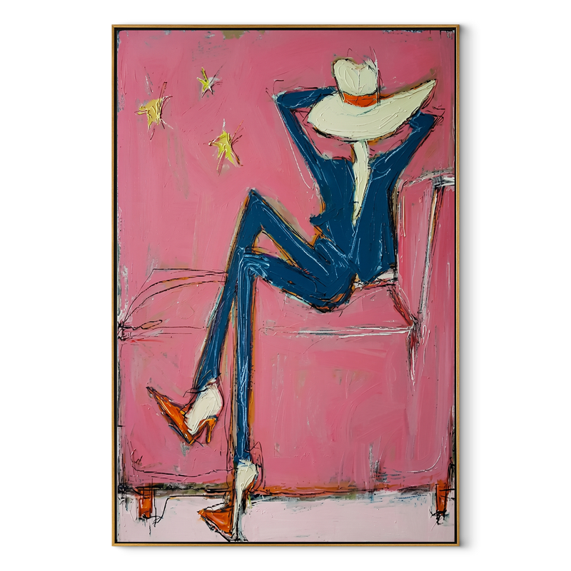 Blue Boots Face Starlight – Relaxed Cowboy Chair Portrait | Contemporary Western Vertical Wall Art