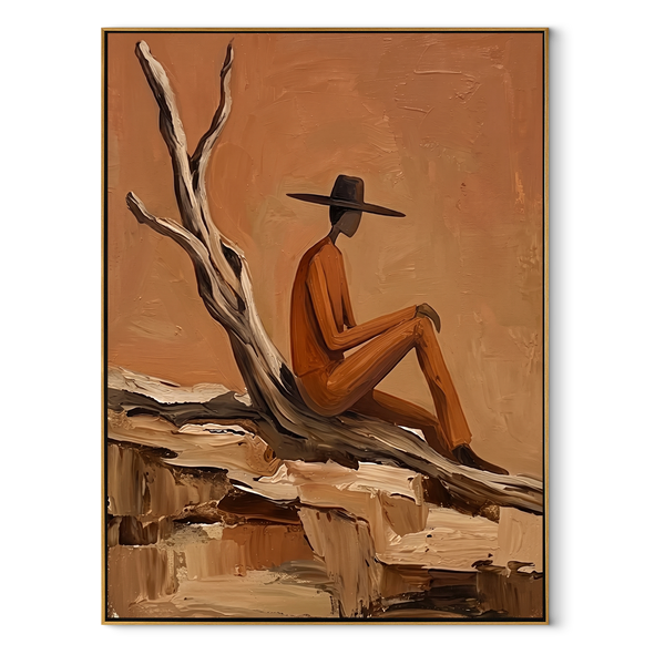 Deadwood Keeps His Counsel – Solitary Cowboy Landscape Painting | Contemporary Western Vertical Wall Art