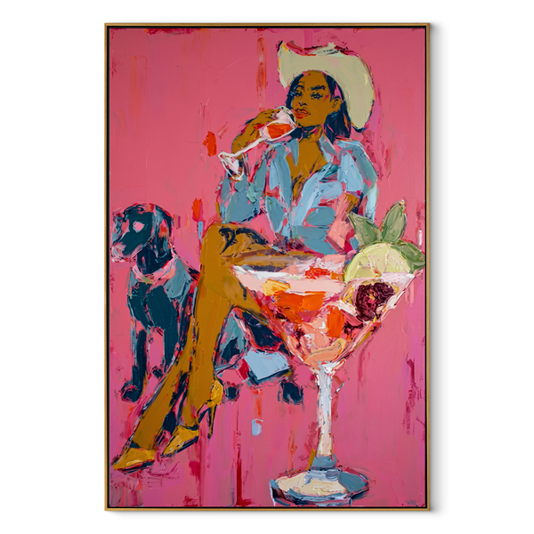 Pink Cocktails Guard Company – Cowgirl Dog Cocktail Painting | Contemporary Western Vertical Wall Art