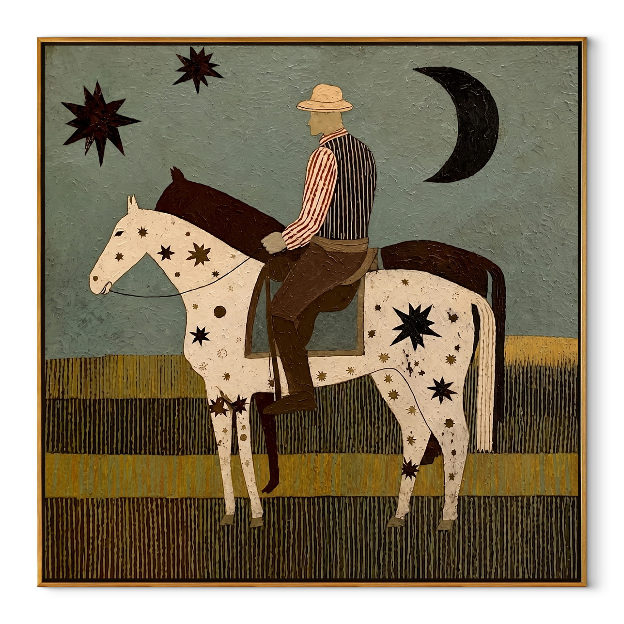 Star Horse Crosses Moonlight Western figurative painting, square canvas artwork