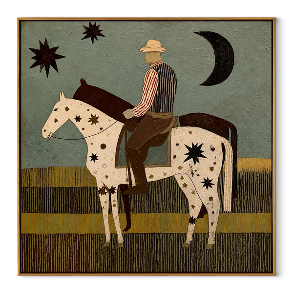 Star Horse Crosses Moonlight – Rider and Star Horse Painting | Contemporary Western Square Wall Art