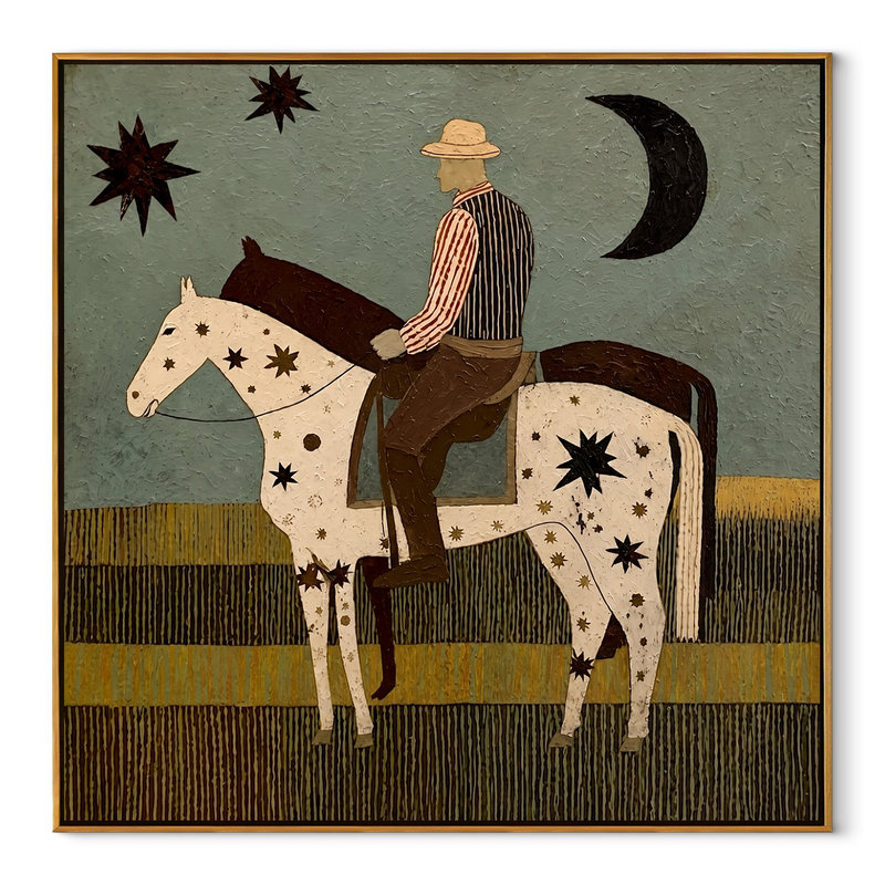 Star Horse Crosses Moonlight – Rider and Star Horse Painting | Contemporary Western Square Wall Art