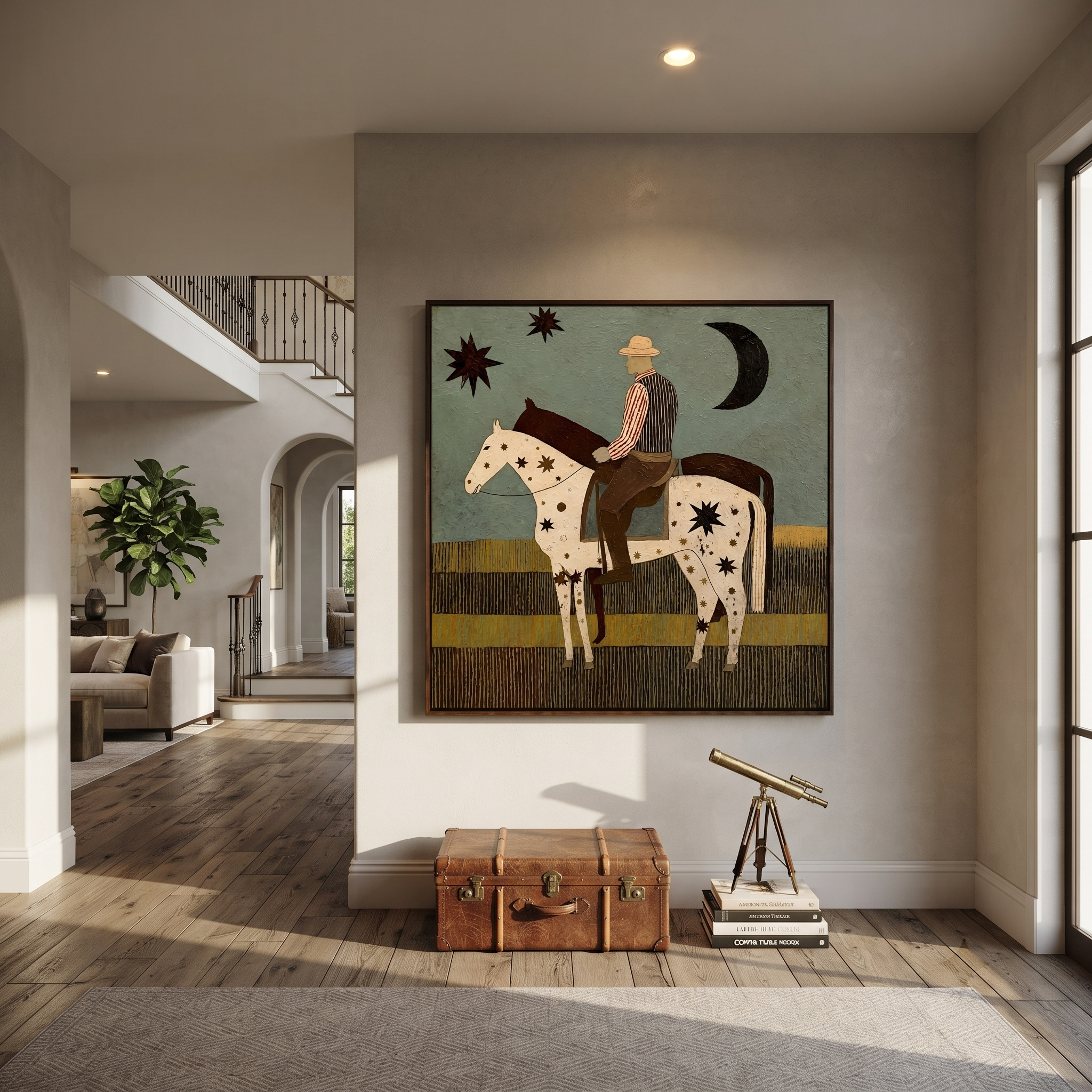 Star Horse Crosses Moonlight styled with wood, linen, and modern decor