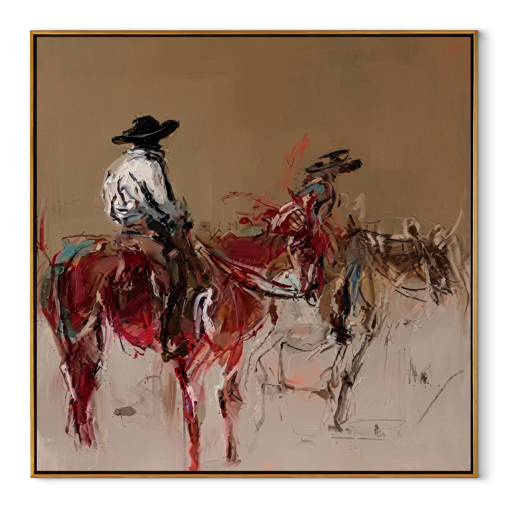 Two Riders Break Dust Western figurative painting, square canvas artwork