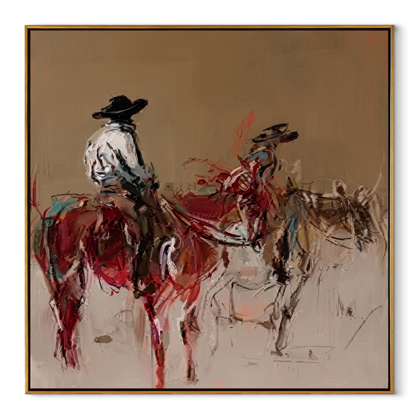 Two Riders Break Dust – Expressive Two Rider Painting | Contemporary Western Square Wall Art