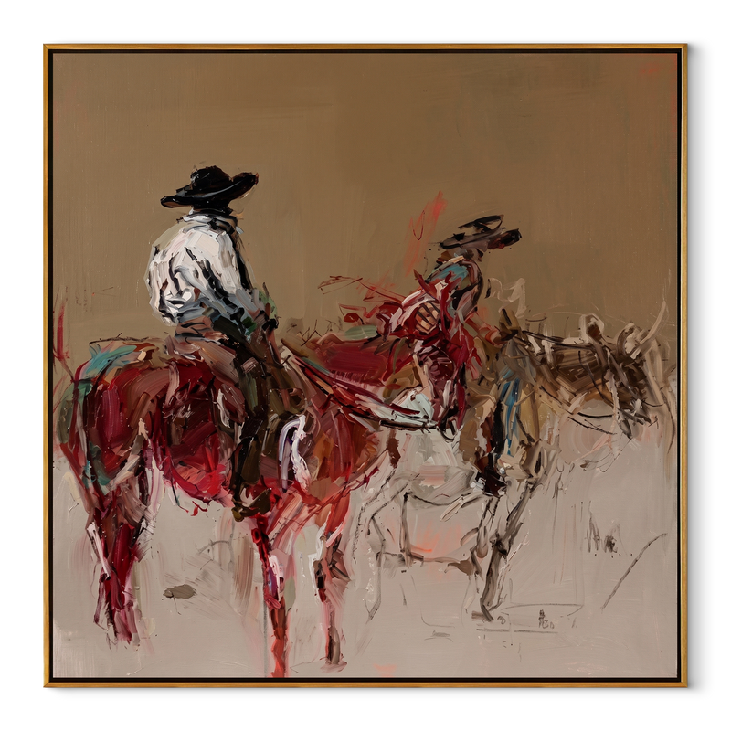 Two Riders Break Dust – Expressive Two Rider Painting | Contemporary Western Square Wall Art