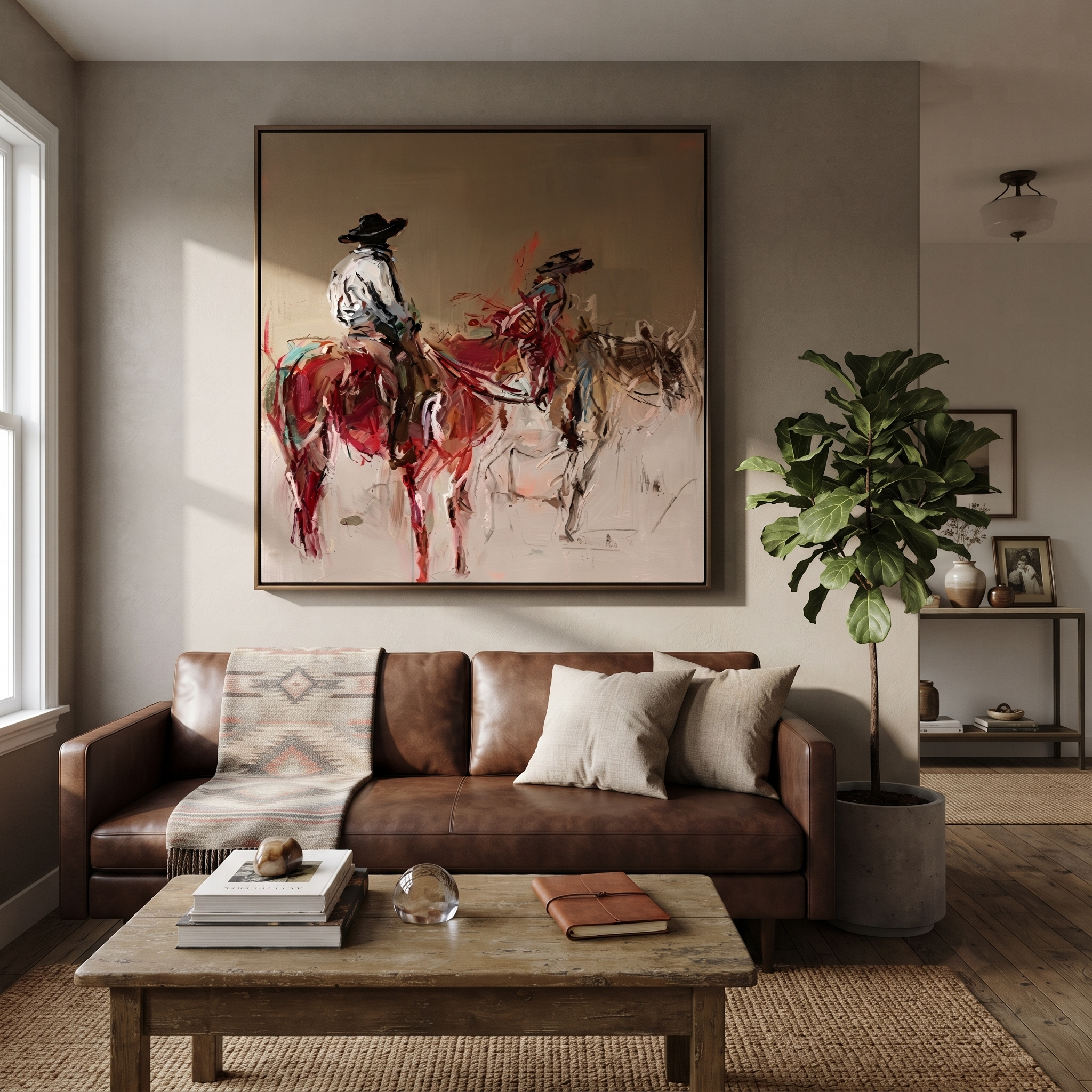 Two Riders Break Dust displayed in a layered residential setting