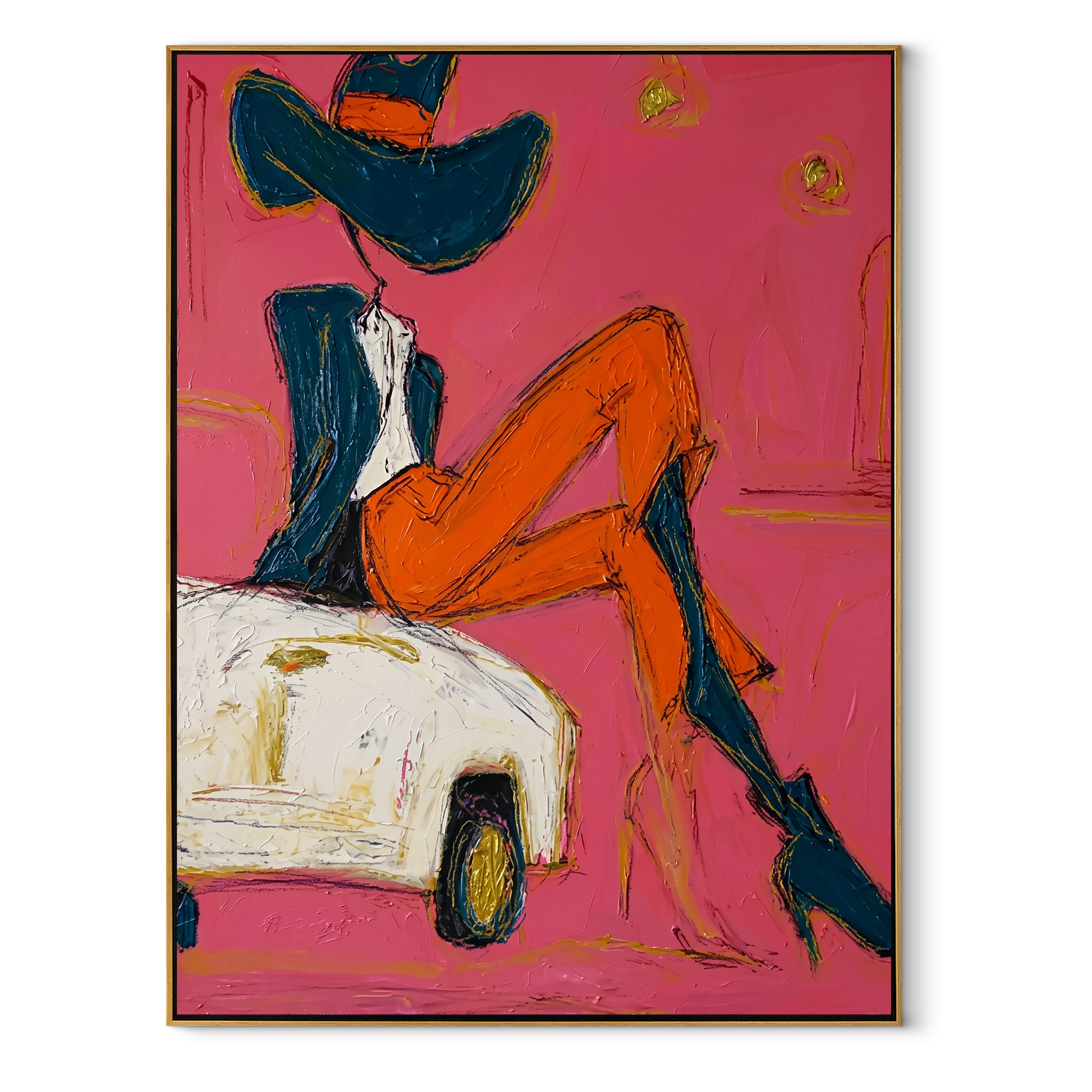 Orange Legs Chase Chrome Western figurative painting, vertical canvas artwork