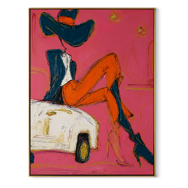 Orange Legs Chase Chrome – Cowgirl on Car Painting | Contemporary Western Vertical Wall Art