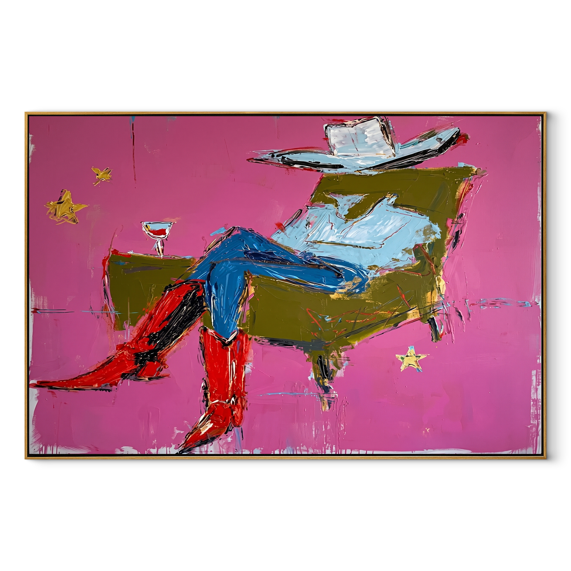 Red Boots Recline Westward Western figurative painting, horizontal canvas artwork