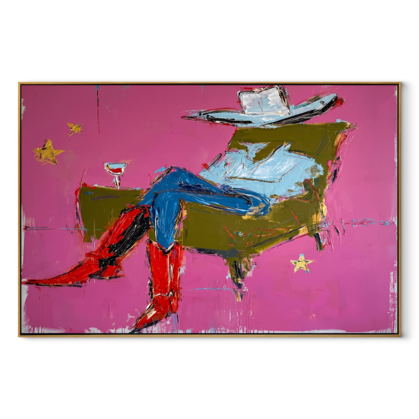 Red Boots Recline Westward – Modern Reclining Cowboy Painting | Contemporary Western Horizontal Wall Art
