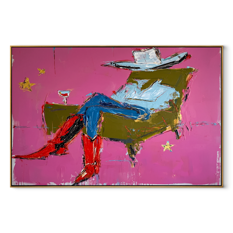 Red Boots Recline Westward – Modern Reclining Cowboy Painting | Contemporary Western Horizontal Wall Art