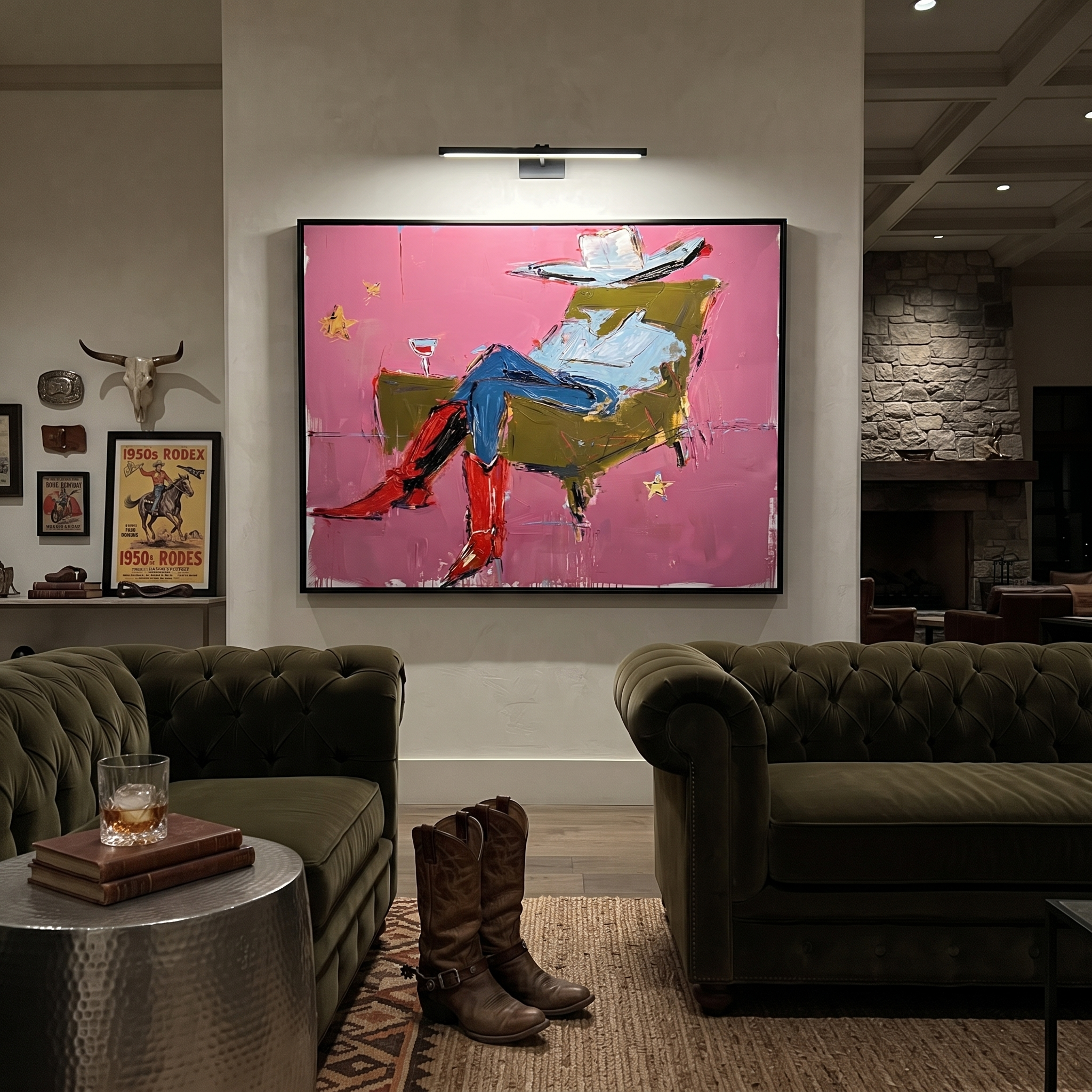 Red Boots Recline Westward styled with warm modern furnishings