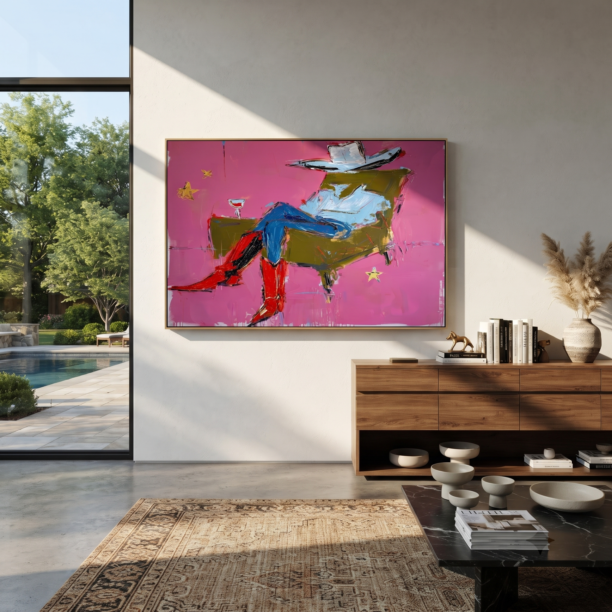 Red Boots Recline Westward presented as a colorful interior focal point