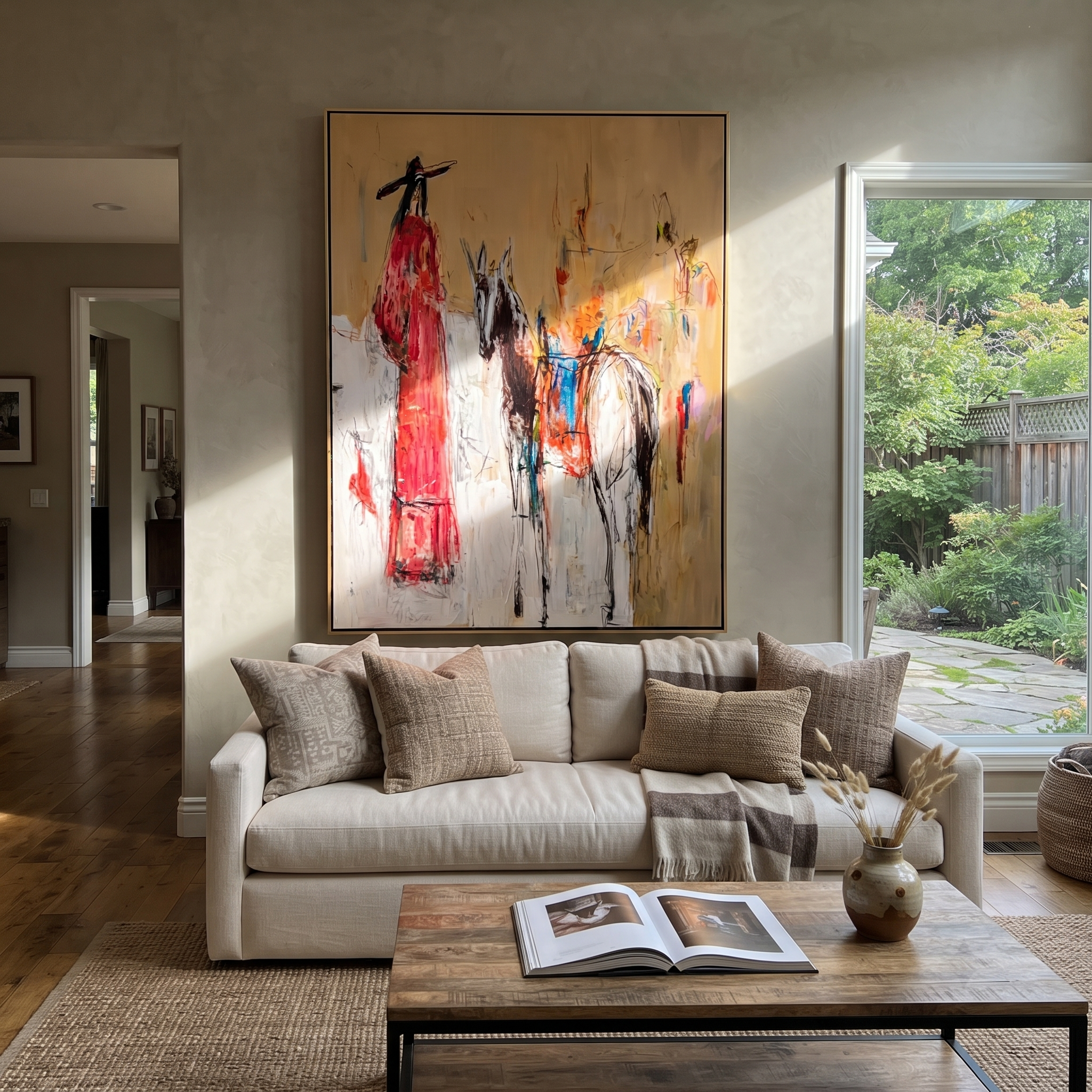 Scarlet Figure Follows Horse displayed in a collected contemporary interior