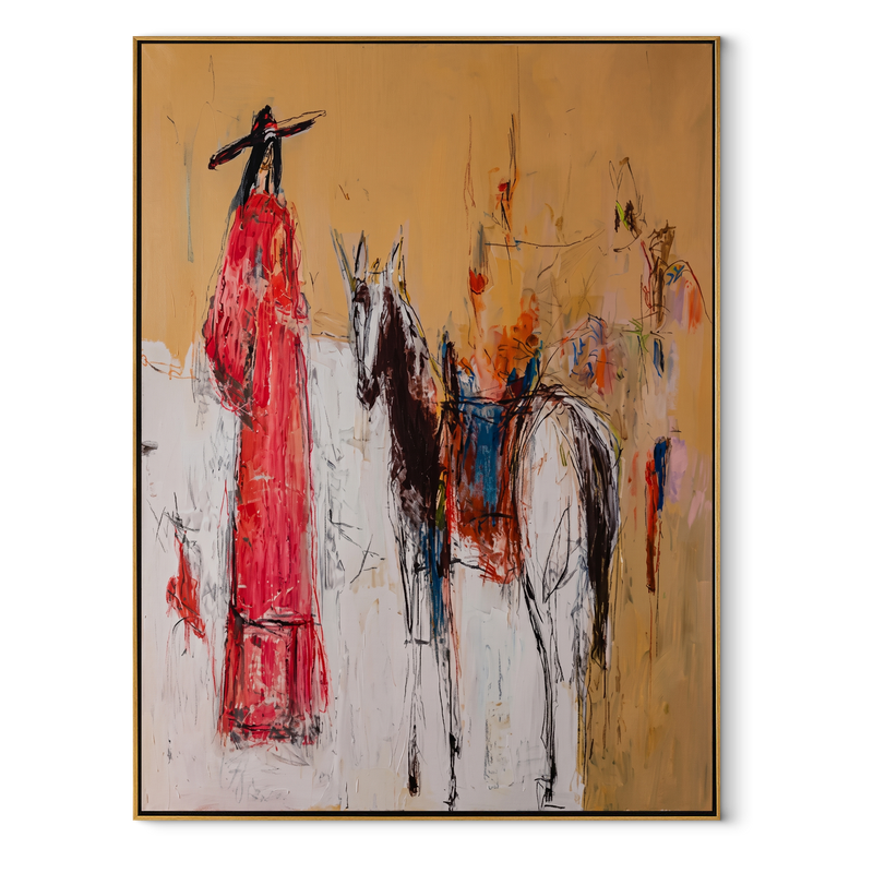 Scarlet Figure Follows Horse – Abstract Rider and Horse Painting | Contemporary Western Vertical Wall Art