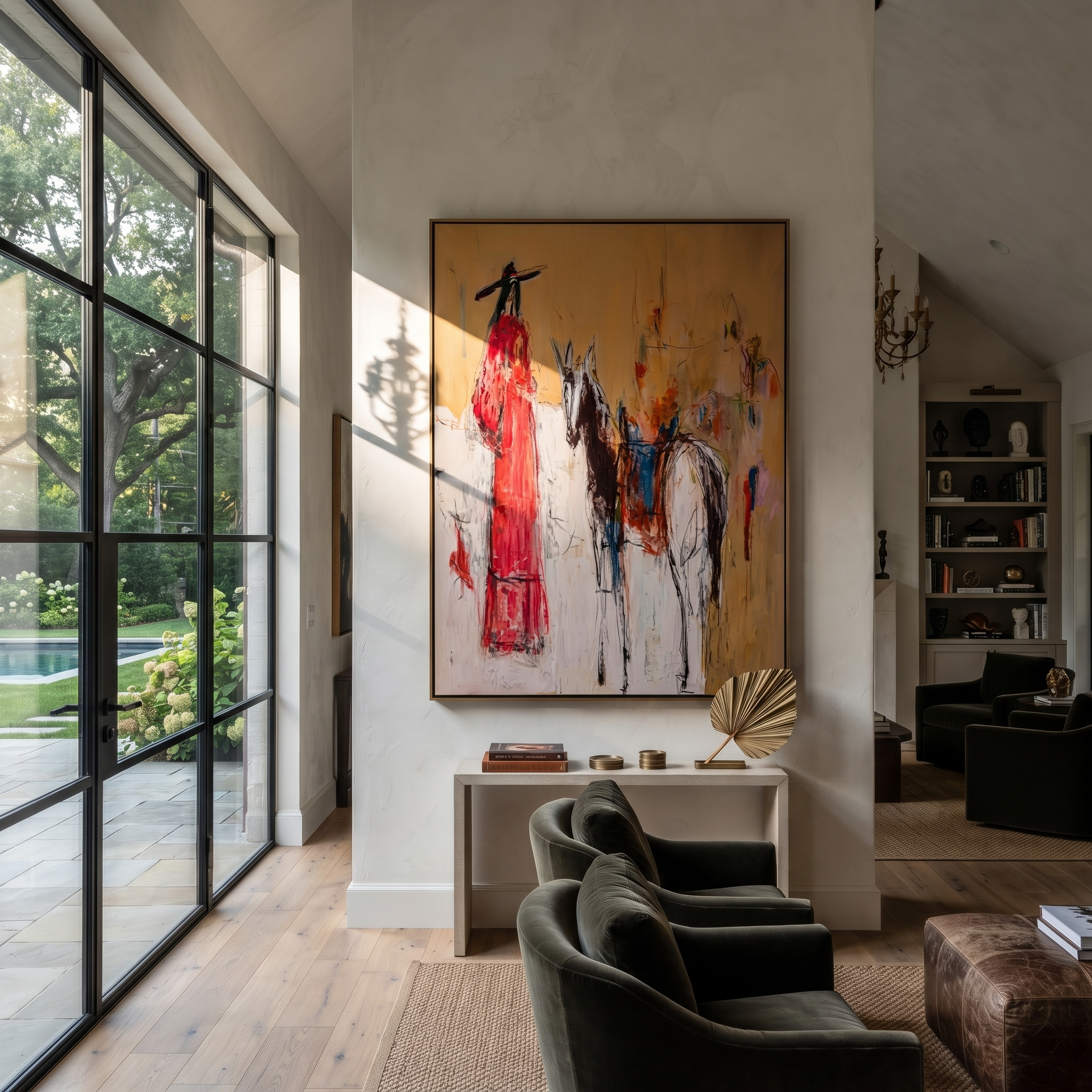 Scarlet Figure Follows Horse presented as a colorful interior focal point