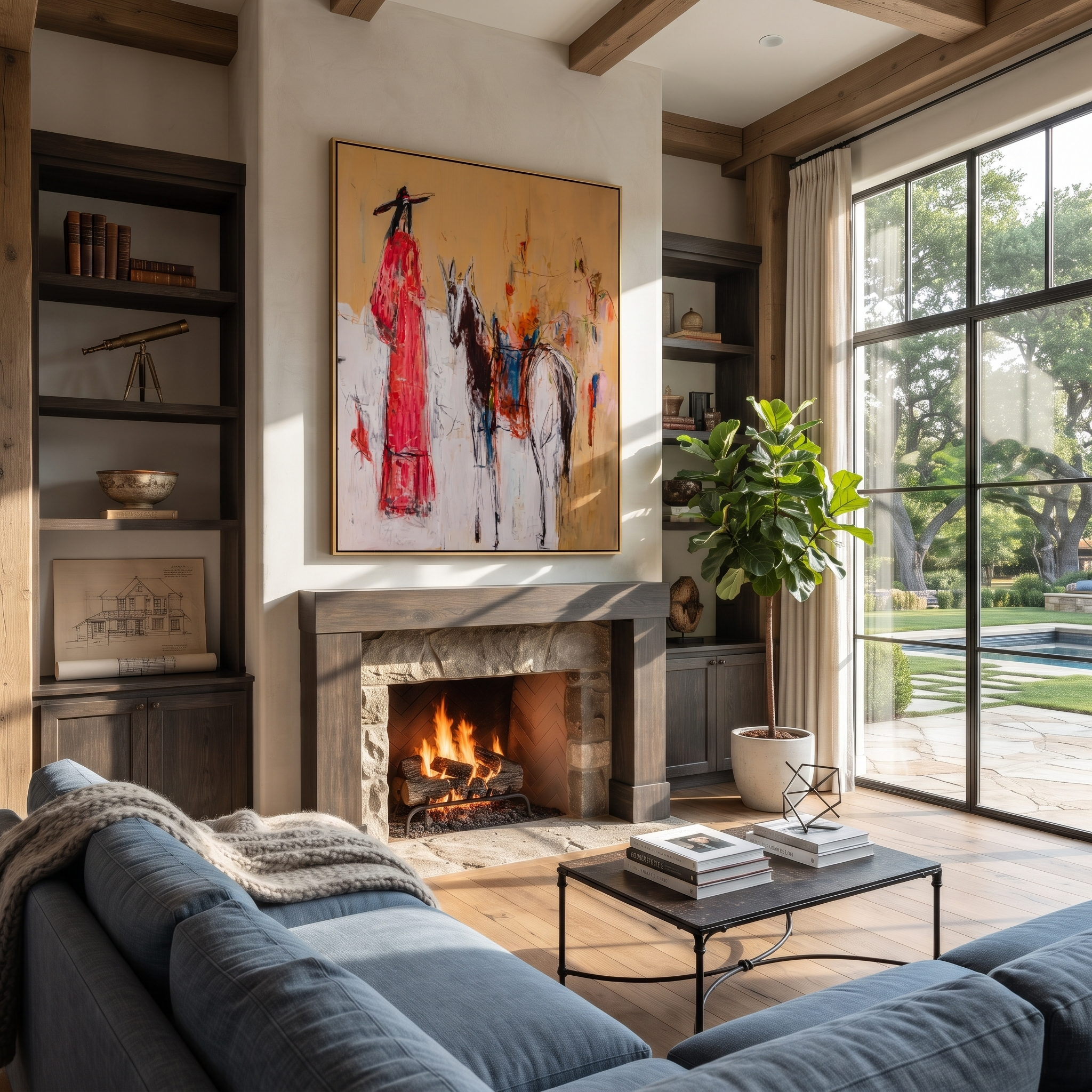 Scarlet Figure Follows Horse displayed in a layered residential setting