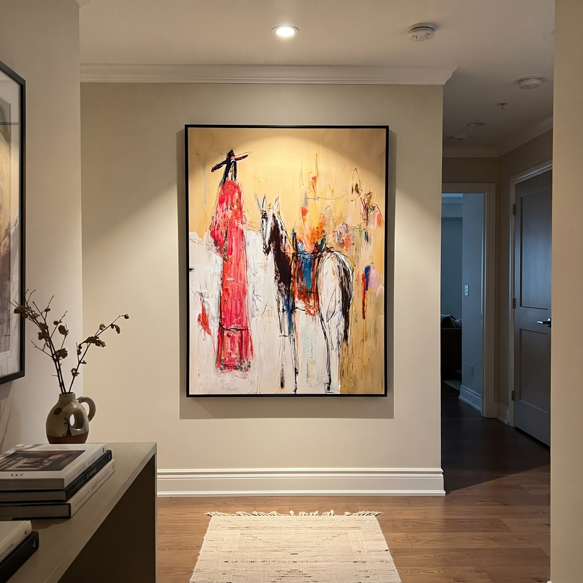 Scarlet Figure Follows Horse styled with wood, linen, and modern decor