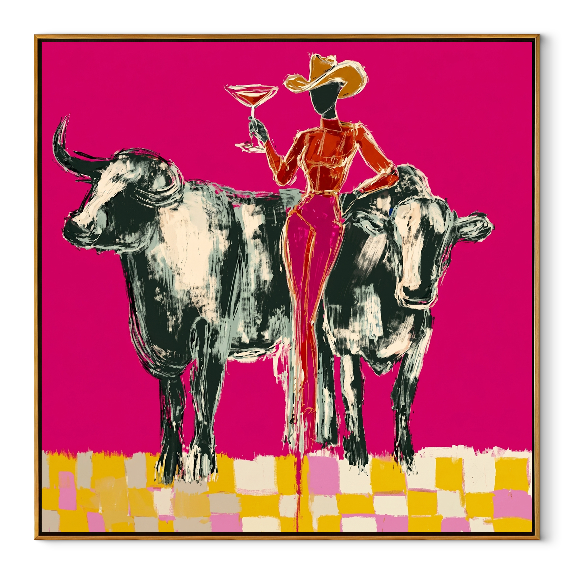 Twin Bulls Frame Toast Western figurative painting, square canvas artwork