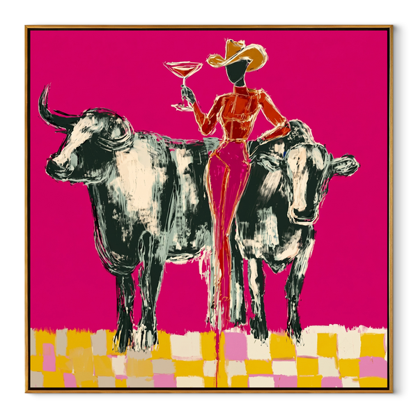 Twin Bulls Frame Toast – Cowgirl Between Longhorns Painting | Contemporary Western Square Wall Art