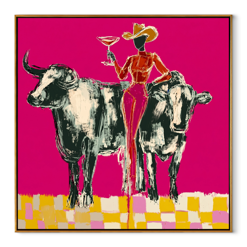 Twin Bulls Frame Toast – Cowgirl Between Longhorns Painting | Contemporary Western Square Wall Art