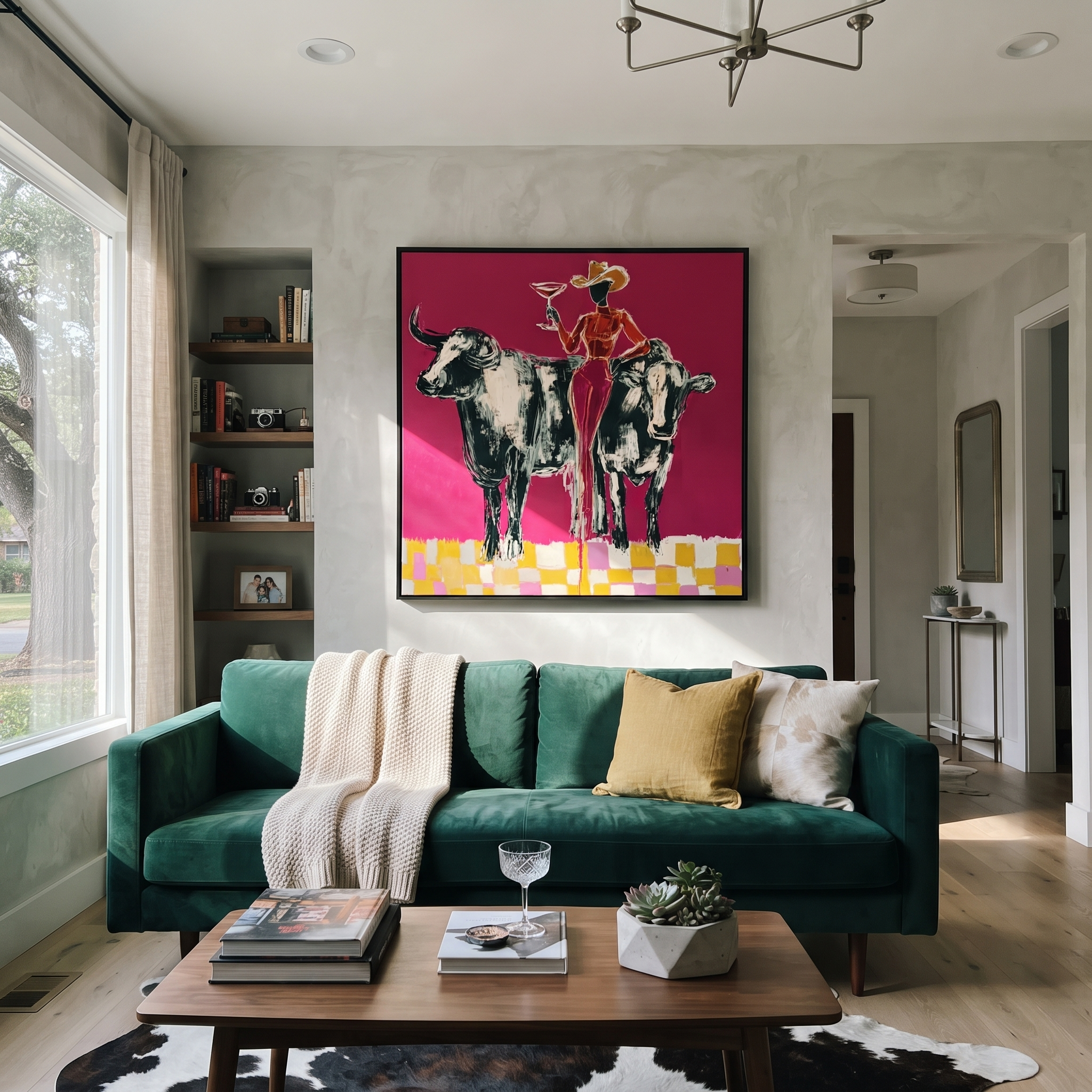 Twin Bulls Frame Toast styled with wood, linen, and modern decor