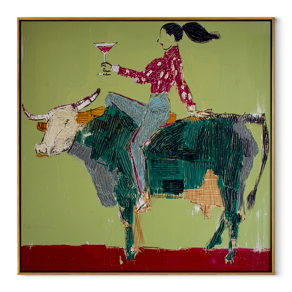 Green Horns Carry Leisure – Cowgirl Riding Bull Painting | Contemporary Western Square Wall Art
