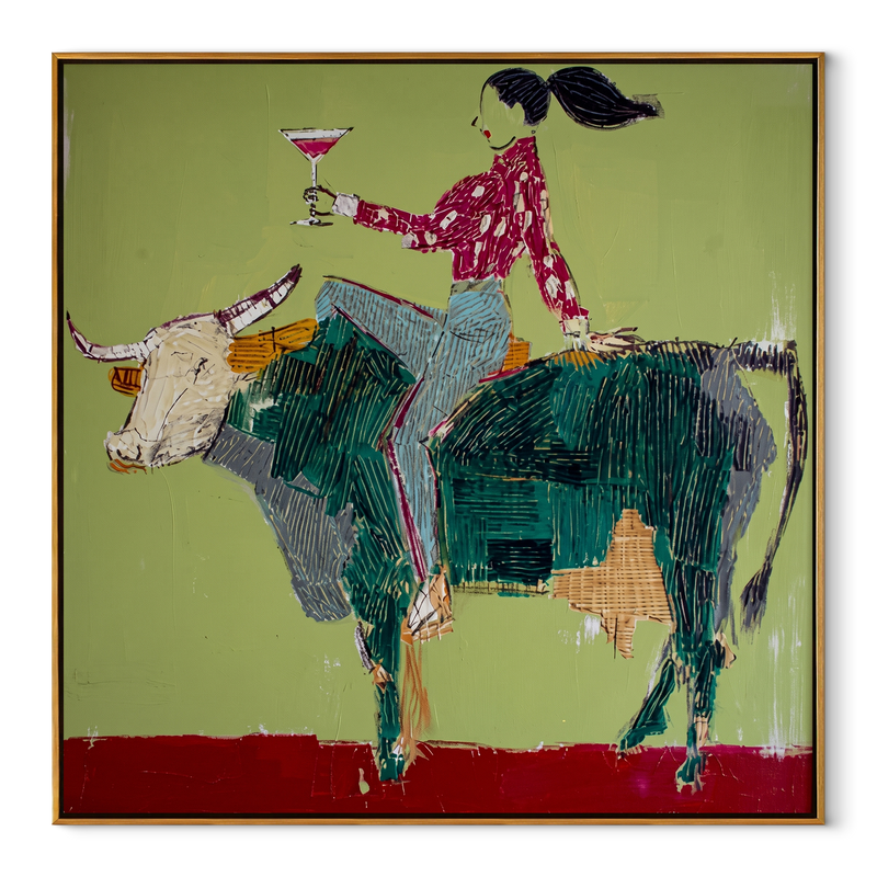 Green Horns Carry Leisure – Cowgirl Riding Bull Painting | Contemporary Western Square Wall Art