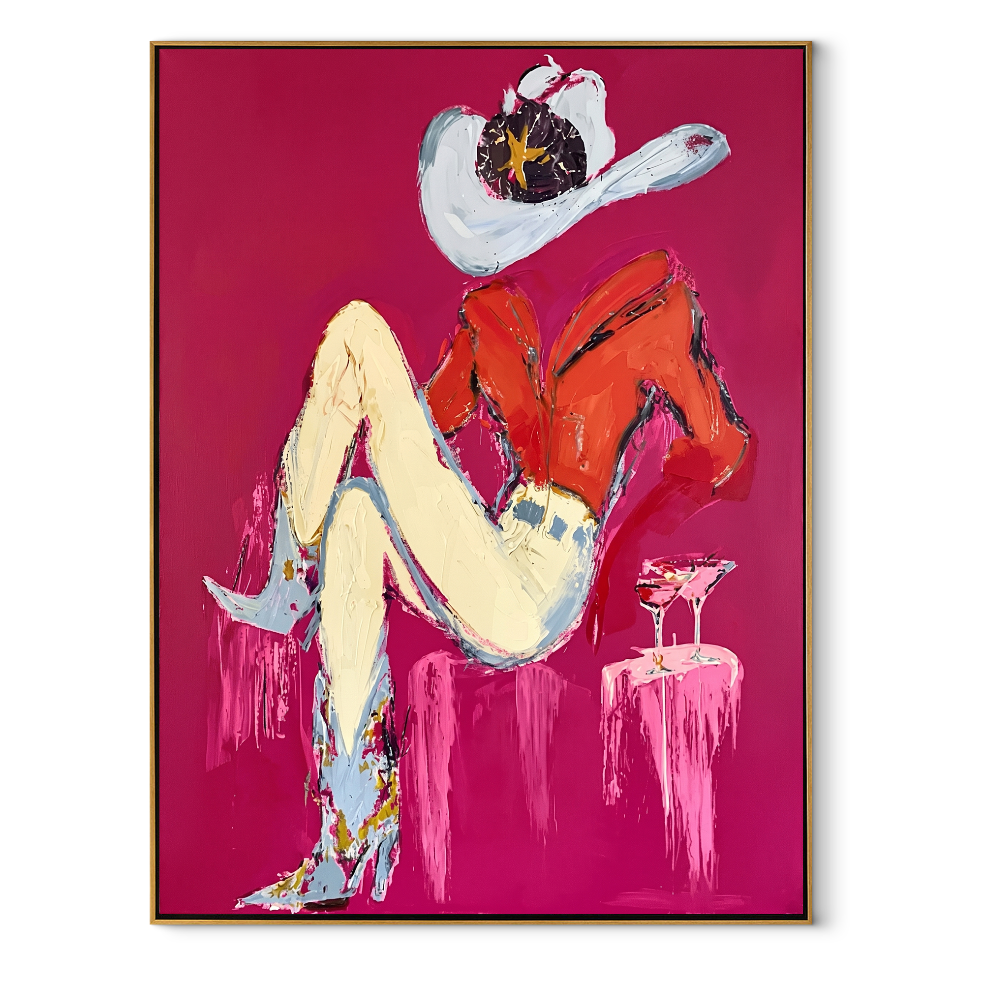 Scarlet Shirt Hides Stars Western figurative painting, vertical canvas artwork