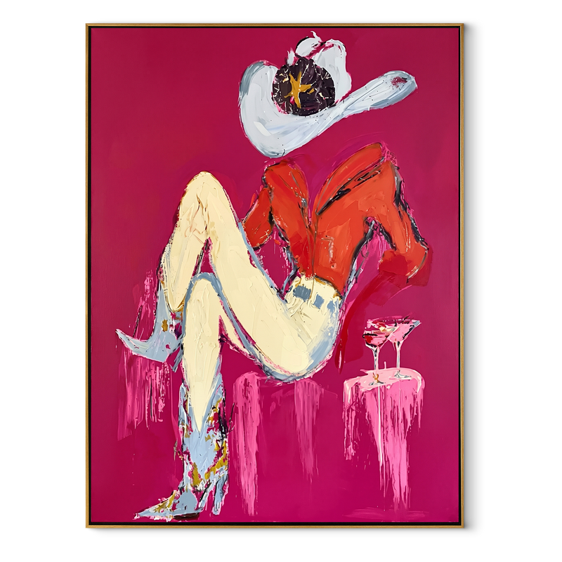 Scarlet Shirt Hides Stars – Reclining Cowgirl Portrait Painting | Contemporary Western Vertical Wall Art