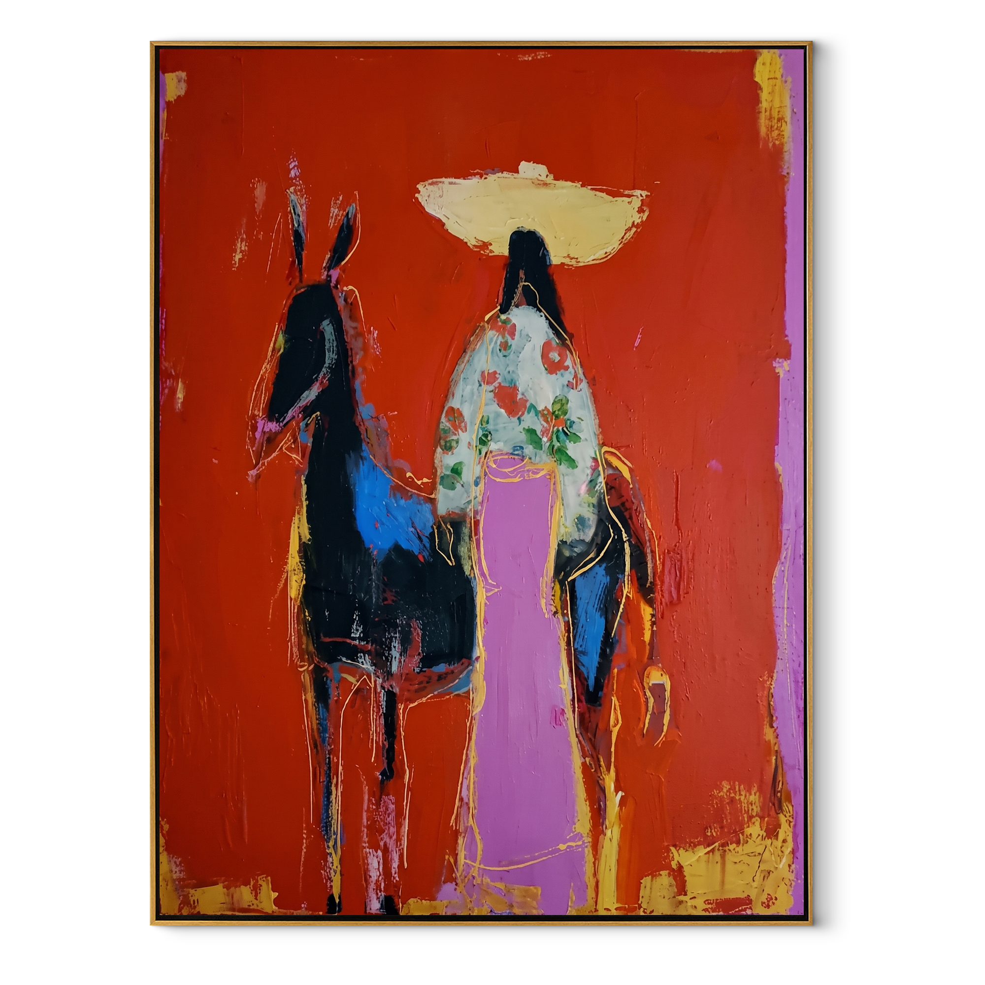 Floral Coat Meets Shadow Western figurative painting, vertical canvas artwork