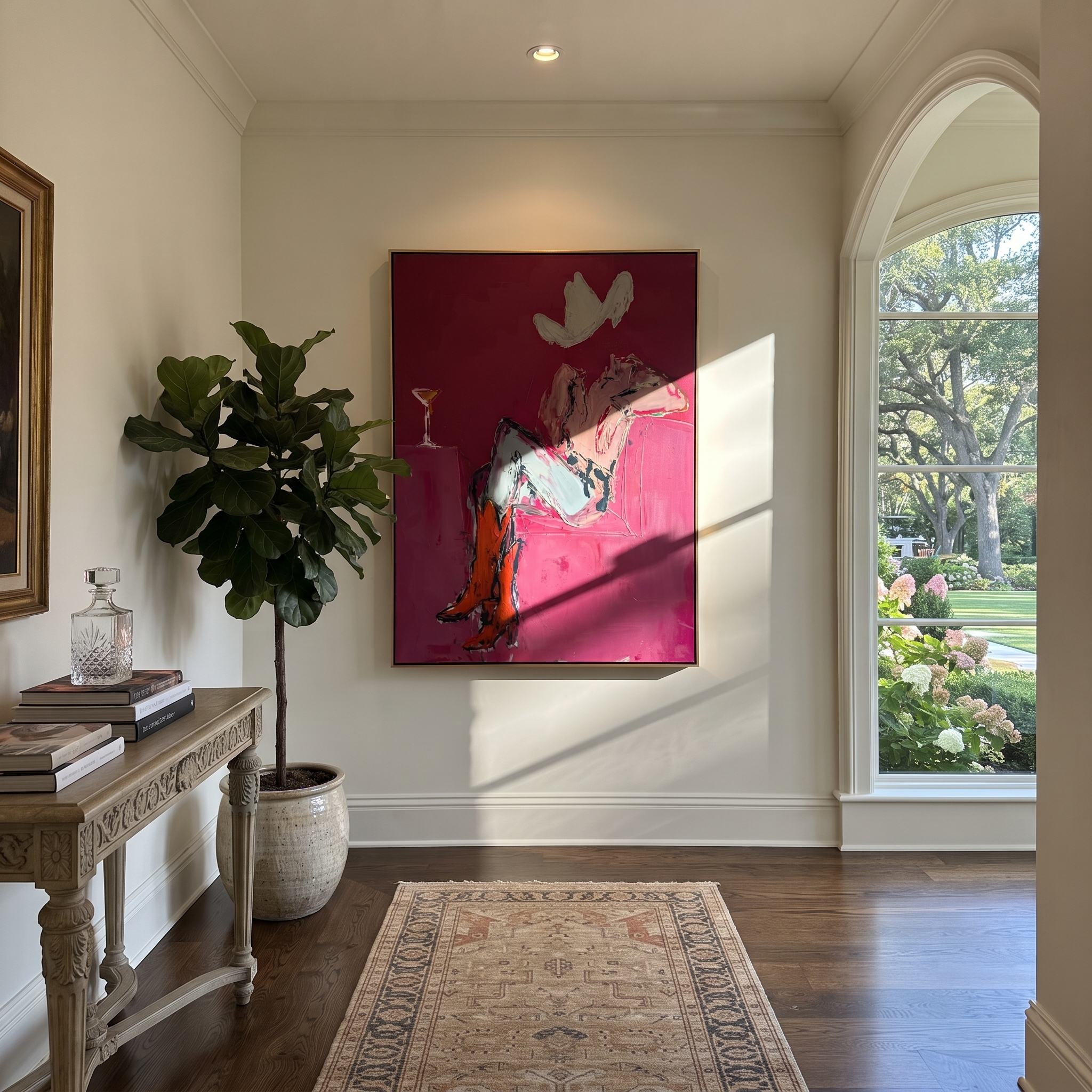 Gray Saddle Holds Evening displayed in a collected contemporary interior