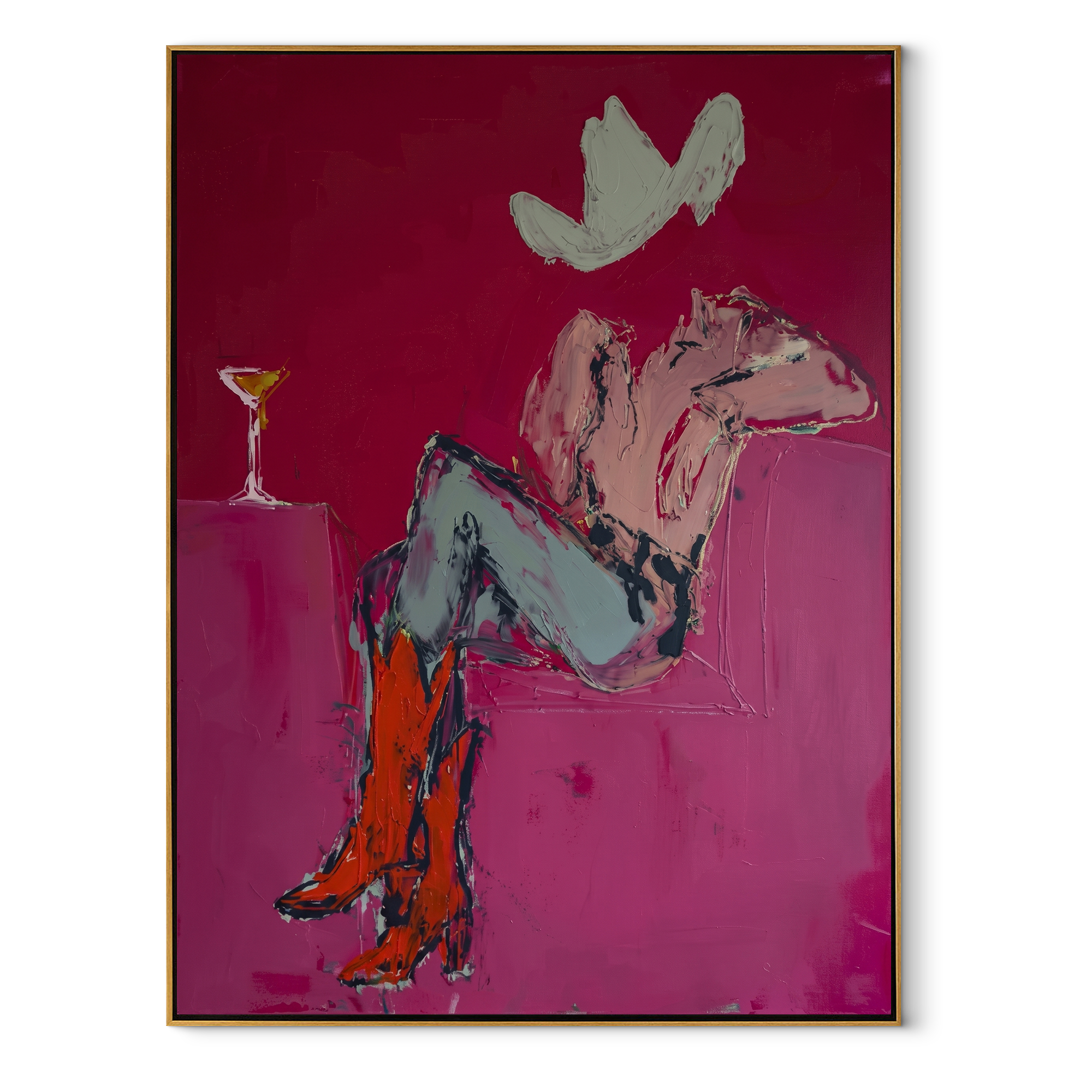 Gray Saddle Holds Evening Western figurative painting, vertical canvas artwork