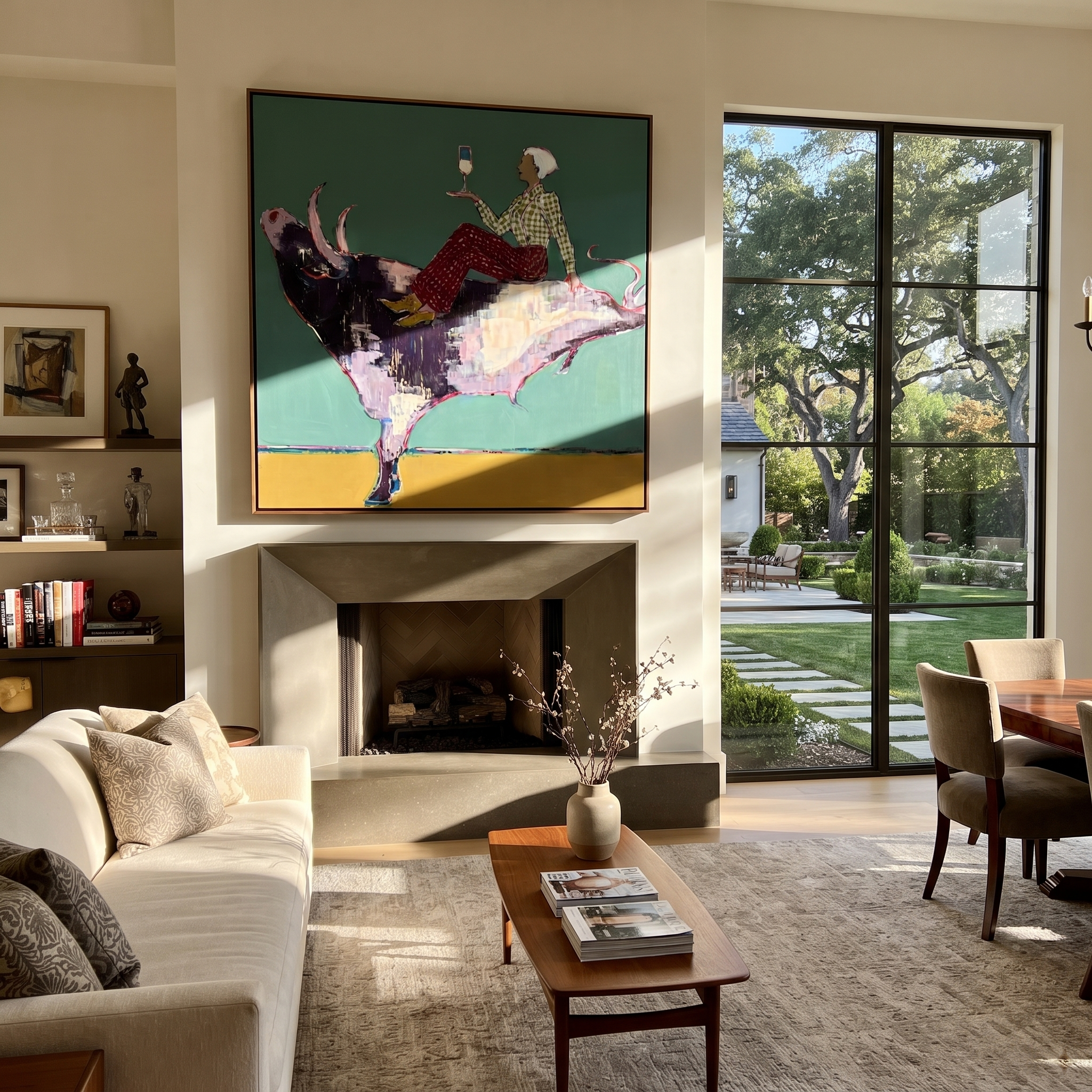 Teal Bull Lifts Toast displayed in a collected contemporary interior
