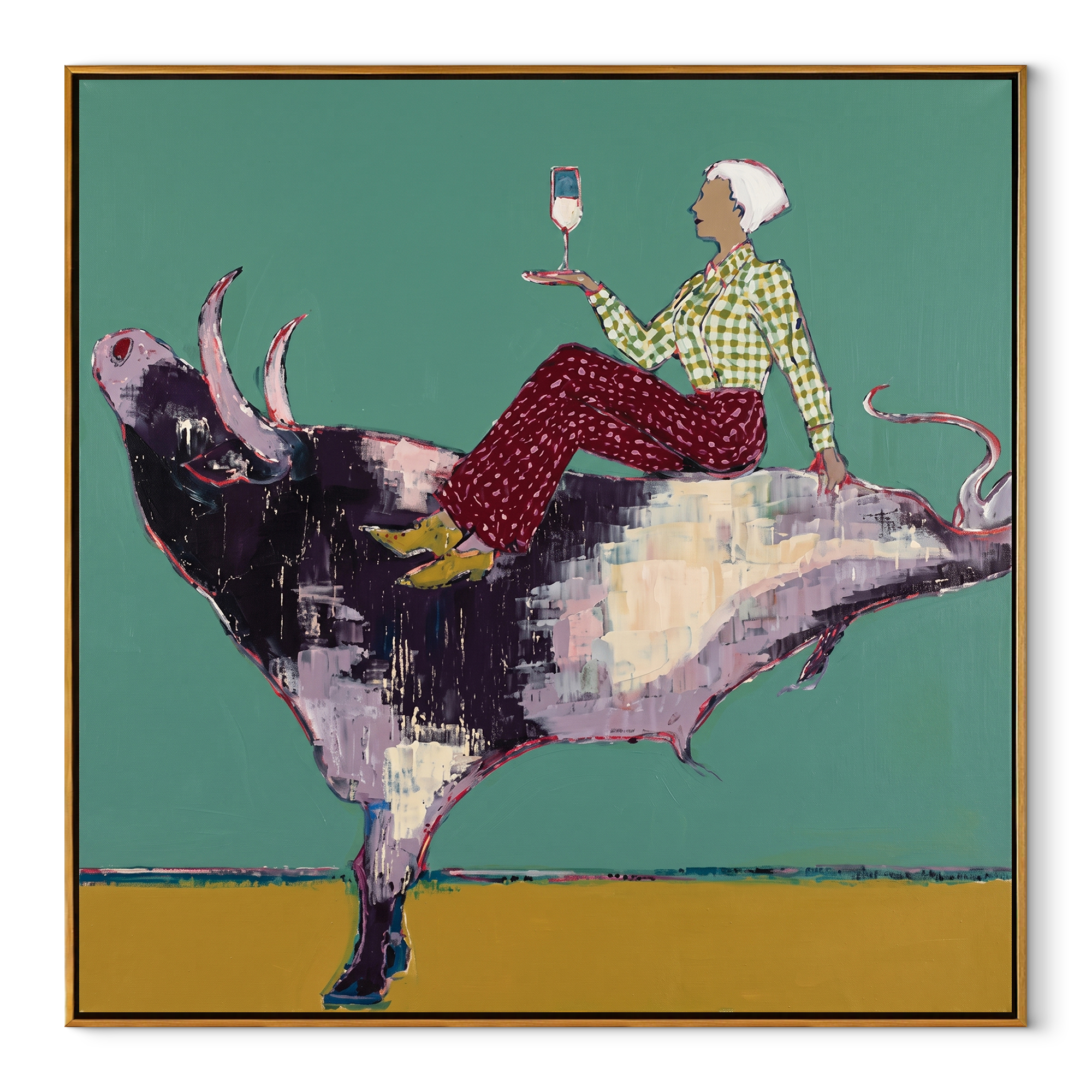 Teal Bull Lifts Toast Western figurative painting, square canvas artwork