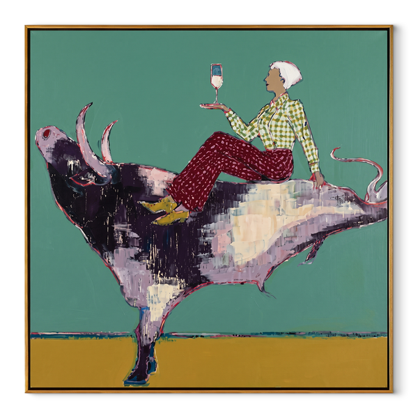 Teal Bull Lifts Toast – Cowgirl on Leaping Bull Painting | Contemporary Western Square Wall Art