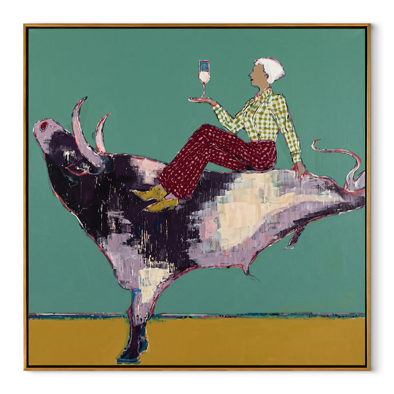 Teal Bull Lifts Toast – Cowgirl on Leaping Bull Painting | Contemporary Western Square Wall Art