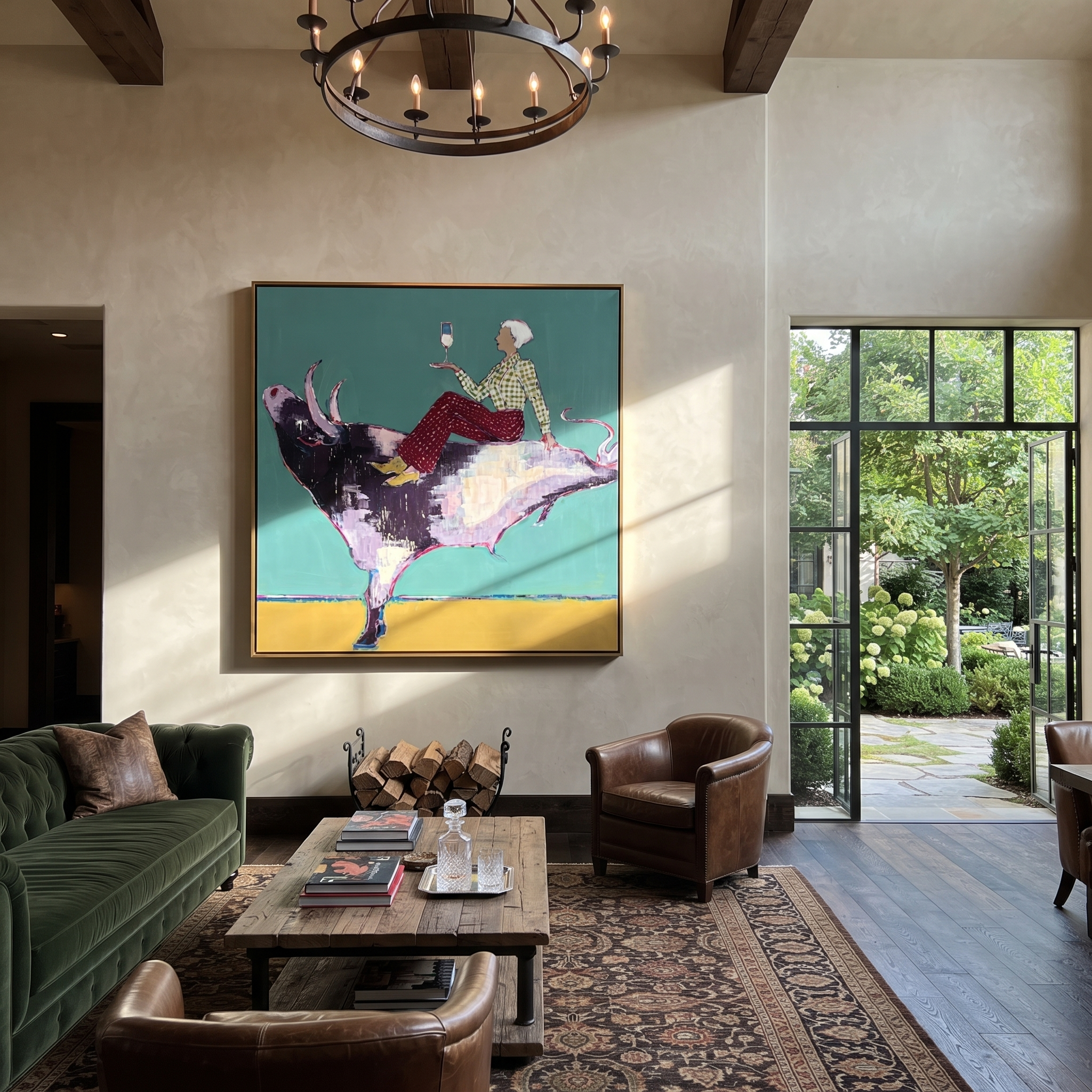 Teal Bull Lifts Toast styled with warm modern furnishings