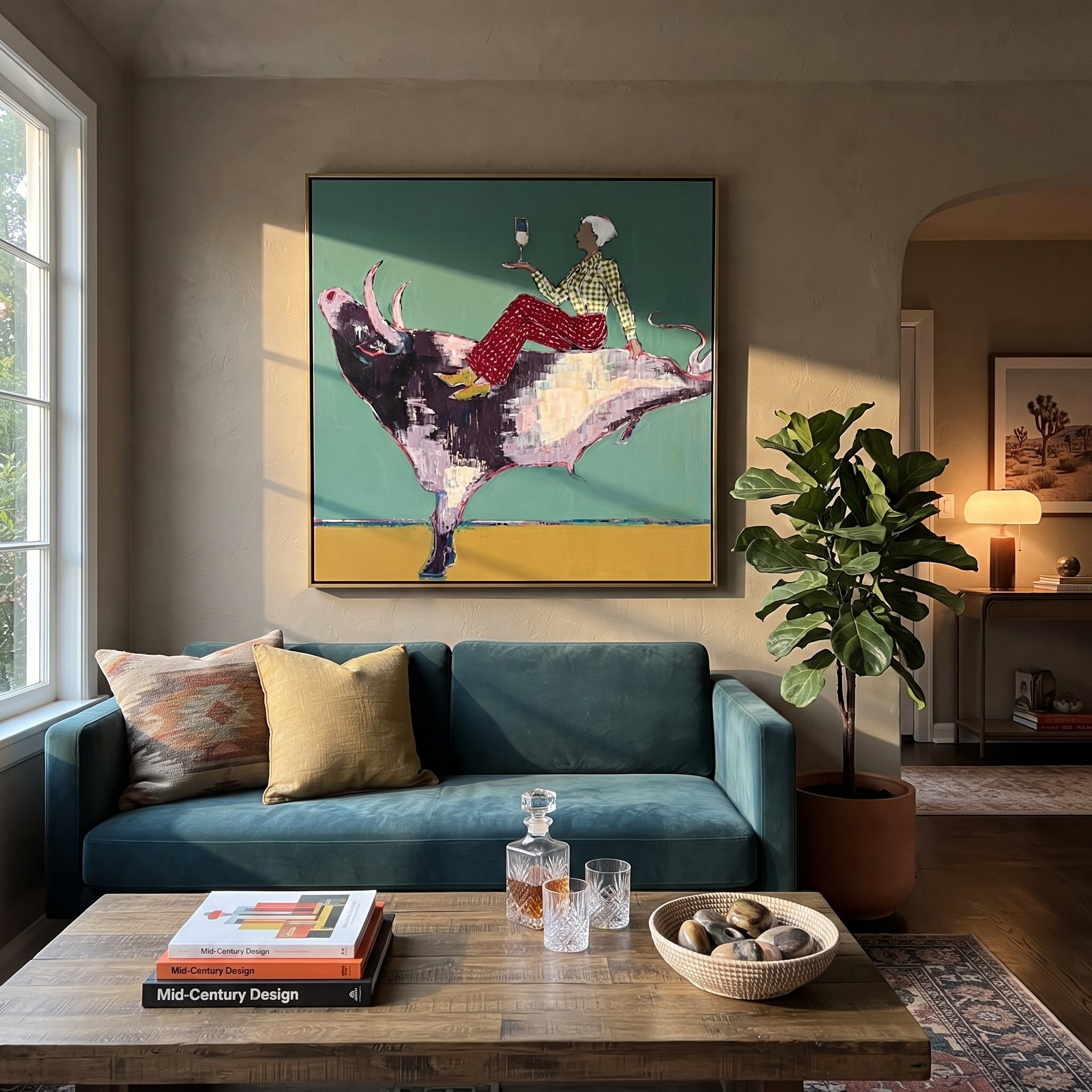 Teal Bull Lifts Toast presented as a colorful interior focal point